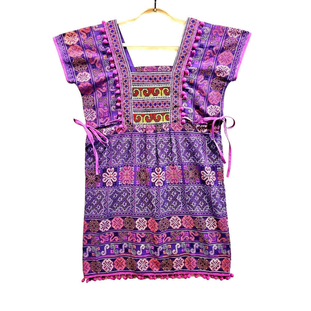 Handmaid Folklore Cross-Stich Handmade Dress PomPoms Tunic Oaxaca Sz M/L #679 - Picture 3 of 12